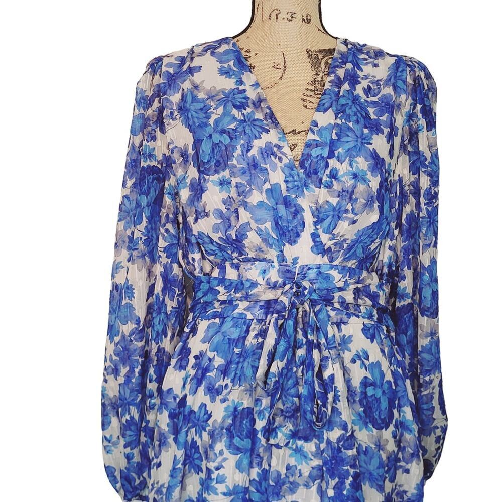 Alex Marie Simone Cobalt Floral Print Puff Sleeve Tiered V-neck Dress 18W NWT - Picture 3 of 14